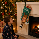 Christmas Reindeer Hanging Stocking - Festive Green Christmas Reindeer Design Hanging Sock with Dangling Legs Plush Holiday Fireplace Tree Decoration Gift Storage Bag for Home Seasonal Decor - Side View