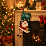 Santa Claus Hanging Stocking - Festive GreenSanta Claus Design Hanging Sock with Dangling Legs Plush Holiday Fireplace Tree Decoration Gift Storage Bag for Home Seasonal Decor - Front View
