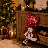 Snowman Hanging Stocking - Festive Red Snowman Design Hanging Sock with Dangling Legs Plush Holiday Fireplace Tree Decoration Gift Storage Bag for Home Seasonal Decor - Front View