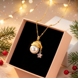 Pearl Santa Hat Star Necklace – Gold Plated Dainty Christmas Pendant Necklace with Faux Pearl & Star Charm, Includes Gift Box, Elegant Holiday Gift Jewelry for Women - Side View