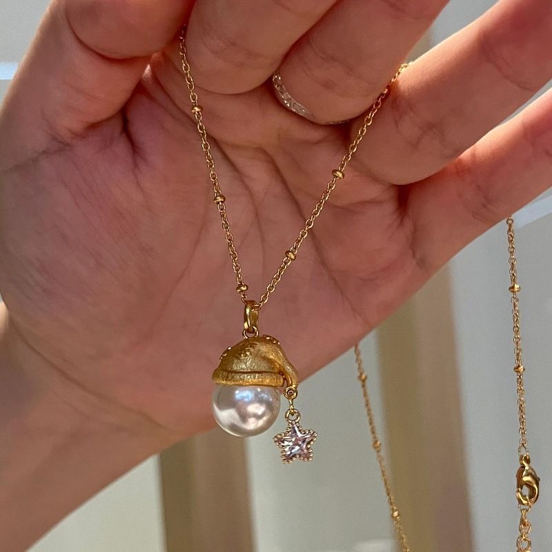 Pearl Santa Hat Star Necklace – Gold Plated Dainty Christmas Pendant Necklace with Faux Pearl & Star Charm, Includes Gift Box, Elegant Holiday Gift Jewelry for Women