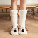 Cute Animal Plush Floor Socks - White Puppy Thickened Coral Fleece Non-Slip Indoor Winter Warm Sleep Socks with Non-Slip Dots, Comfortable for Home Use
