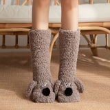 Cute Animal Plush Floor Socks - Gray-brown Puppy Thickened Coral Fleece Non-Slip Indoor Winter Warm Sleep Socks with Non-Slip Dots, Comfortable for Home Use - 45-Degree Angle