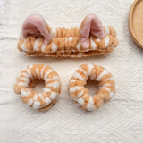 4PCS Spa Set Bath Wrap White bath towel Yellow stripes Cat Ear Headband Wristbands Coral Fleece Quick Dry Absorbent Skincare Shower Hair Wash Set Home Spa Gift - Rear View