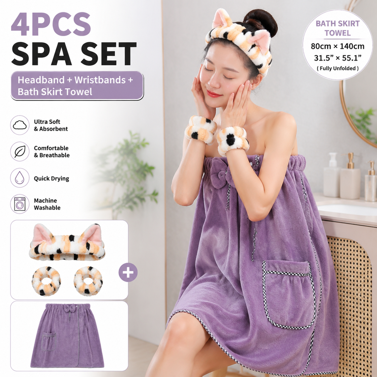 4PCS Spa Set Bath Wrap Purple bath towel Black and yellow stripes Cat Ear Headband Wristbands Coral Fleece Quick Dry Absorbent Skincare Shower Hair Wash Set Home Spa Gift