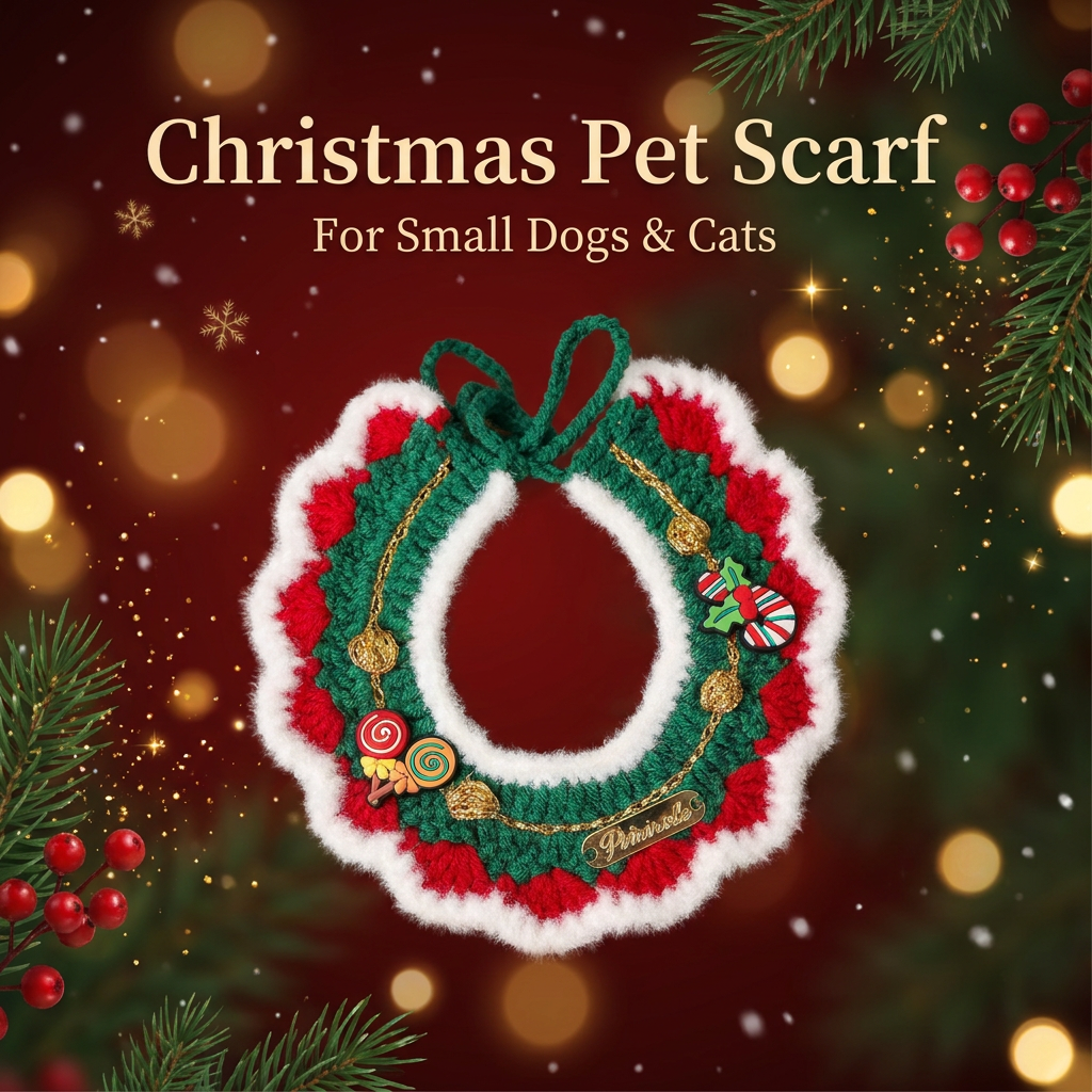 Christmas Pet Collar（White frayed edges） Knitted Festive Dog Cat Collar Red Green Adjustable Soft Lightweight Holiday Pet Accessories for Small Dogs and Cats  Party Wear