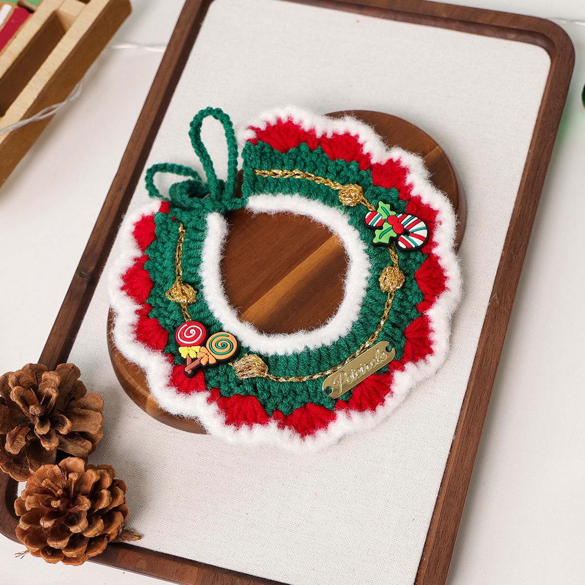 Christmas Pet Collar（White frayed edges） Knitted Festive Dog Cat Collar Red Green Adjustable Soft Lightweight Holiday Pet Accessories for Small Dogs and Cats  Party Wear