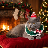 Christmas Pet Collar（Green scarf and hat） Knitted Festive Dog Cat Collar Red Green Adjustable Soft Lightweight Holiday Pet Accessories for Small Dogs and Cats  Party Wear - Front View