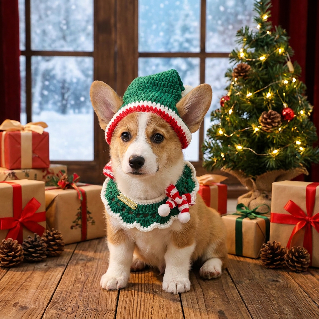 Christmas Pet Collar（Green scarf and hat） Knitted Festive Dog Cat Collar Red Green Adjustable Soft Lightweight Holiday Pet Accessories for Small Dogs and Cats  Party Wear