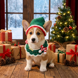 Christmas Pet Collar（Green scarf and hat） Knitted Festive Dog Cat Collar Red Green Adjustable Soft Lightweight Holiday Pet Accessories for Small Dogs and Cats  Party Wear - Side View