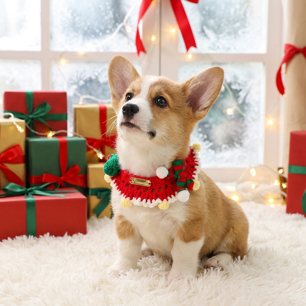 Christmas Pet Collar（Red scarf and hat） Knitted Festive Dog Cat Collar Red Green Adjustable Soft Lightweight Holiday Pet Accessories for Small Dogs and Cats  Party Wear