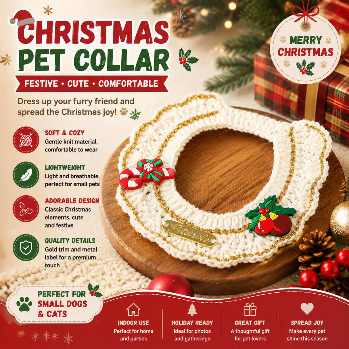 Christmas Pet Collar（Cane and pine cone） Knitted Festive Dog Cat Collar Red Green Adjustable Soft Lightweight Holiday Pet Accessories for Small Dogs and Cats  Party Wear