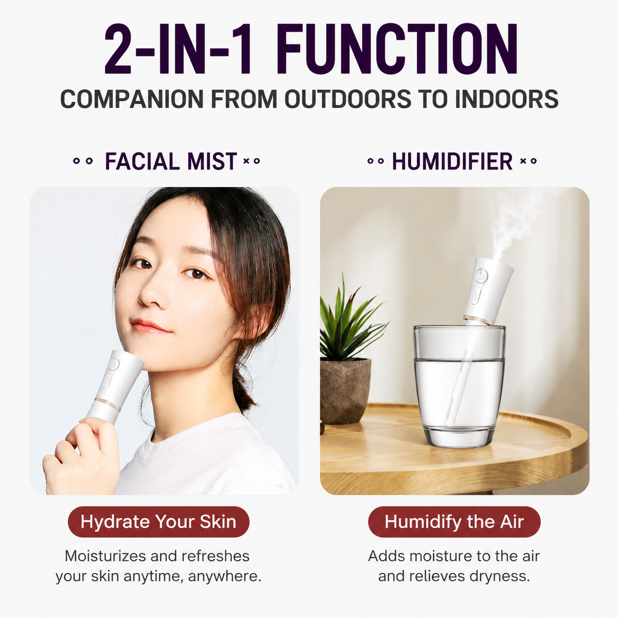Red 2 in 1 Portable Facial Mist Humidifier Nano Mist Sprayer Hydration Device USB Rechargeable Skin Moisturising Sprayer for Home Office Travel Beauty Skincare