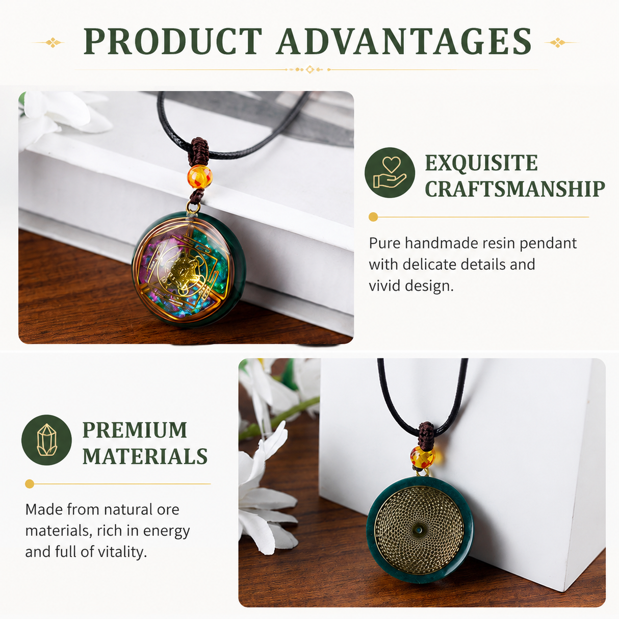 Orgone Energy Pendant Necklace Handmade Crystal Resin Necklace Adjustable Cord Spiritual Jewelry Gift for Men Women