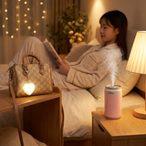 Heart Touch Sensor LED Keychain Light + Pink Mini Can Humidifier Aromatherapy Diffuser Set Portable USB Mist Night Light Keyring Decoration Gift - Top-Down View