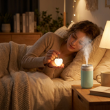 Heart Touch Sensor LED Keychain Light + Green Mini Can Humidifier Aromatherapy Diffuser Set Portable USB Mist Night Light Keyring Decoration Gift - Top-Down View
