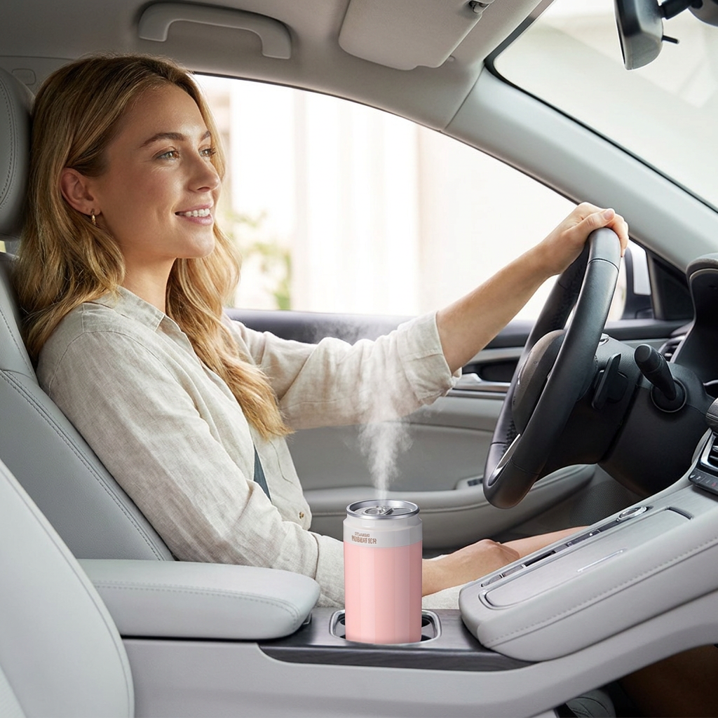 Pink USB Rechargeable Humidifier Aroma Diffuser Mini Can Mist Maker Portable Car Home Desktop Air Moisturizer with LED Light