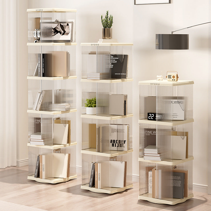 Rotating storage bookshelf square four layers- Cream White Multi-Layer Storage Rack, 36x36x135.5cm (ABS?)