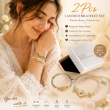 2PCS Vintage Layered Pearl Bracelet Set | Elegant Zircon Flower Charm Gold Plated Stackable Bracelets Jewelry Gift - Front View
