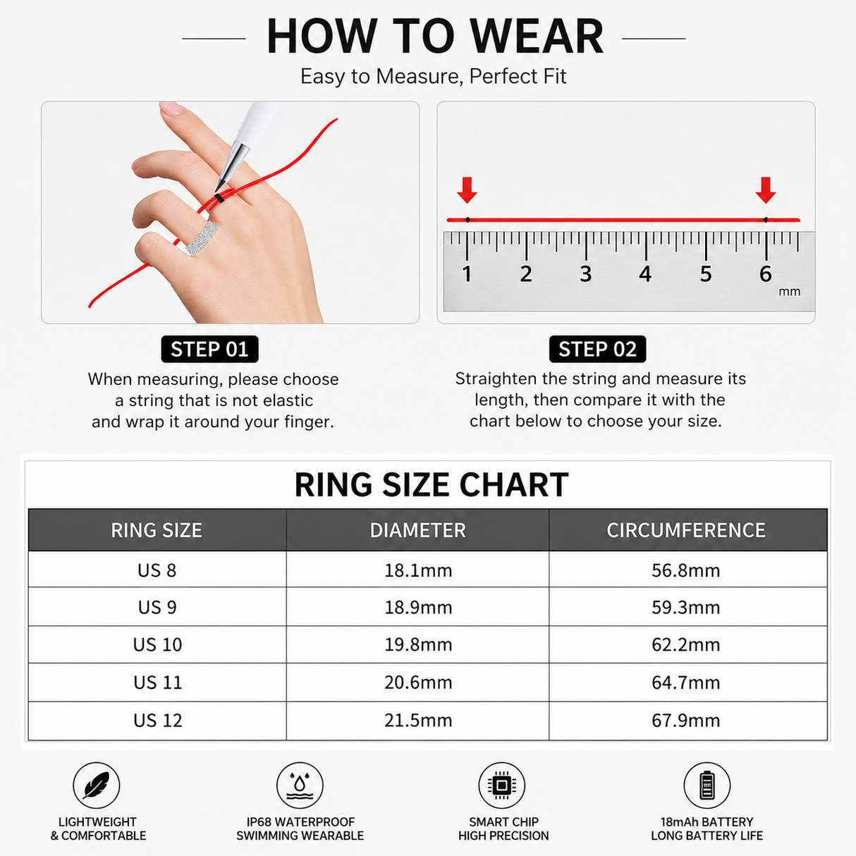 Smart Ring Size 8 (Black) – Frosted Black Wellness Tracker with Heart Rate, Blood Oxygen, Sleep, Steps and Mood Monitoring, IP68 Waterproof USB Magnetic Charging Ring