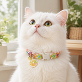 Floral Lace Pet Collar with Bell and Charm (Orange version)- Adjustable Polyester Cat Collar for Small Dogs and Cats, Colourful Embroidered Neck Collar, Cute Puppy Kitten Accessory, 18-30cm - Front View