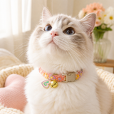 Floral Lace Pet Collar with Bell and Charm (Heart-shaped design)- Adjustable Polyester Cat Collar for Small Dogs and Cats, Colourful Embroidered Neck Collar, Cute Puppy Kitten Accessory, 18-30cm - Front View