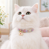 Floral Lace Pet Collar with Bell and Charm (Cherry blossom design)- Adjustable Polyester Cat Collar for Small Dogs and Cats, Colourful Embroidered Neck Collar, Cute Puppy Kitten Accessory, 18-30cm - Side View