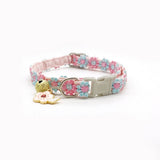 Floral Lace Pet Collar with Bell and Charm (Cherry blossom design)- Adjustable Polyester Cat Collar for Small Dogs and Cats, Colourful Embroidered Neck Collar, Cute Puppy Kitten Accessory, 18-30cm