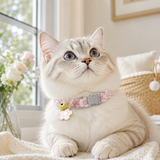 Floral Lace Pet Collar with Bell and Charm (Pink flower design)- Adjustable Polyester Cat Collar for Small Dogs and Cats, Colourful Embroidered Neck Collar, Cute Puppy Kitten Accessory, 18-30cm - Front View