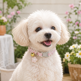 Floral Lace Pet Collar with Bell and Charm (Pink flower design)- Adjustable Polyester Cat Collar for Small Dogs and Cats, Colourful Embroidered Neck Collar, Cute Puppy Kitten Accessory, 18-30cm - Side View