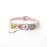 Floral Lace Pet Collar with Bell and Charm (Pink flower design)- Adjustable Polyester Cat Collar for Small Dogs and Cats, Colourful Embroidered Neck Collar, Cute Puppy Kitten Accessory, 18-30cm - Top-Down View