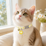 Floral Lace Pet Collar with Bell and Charm (White flower design)- Adjustable Polyester Cat Collar for Small Dogs and Cats, Colourful Embroidered Neck Collar, Cute Puppy Kitten Accessory, 18-30cm - Front View