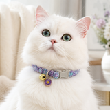 Floral Lace Pet Collar with Bell and Charm (Purple flower design)- Adjustable Polyester Cat Collar for Small Dogs and Cats, Colourful Embroidered Neck Collar, Cute Puppy Kitten Accessory, 18-30cm - Front View
