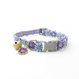Floral Lace Pet Collar with Bell and Charm (Purple flower design)- Adjustable Polyester Cat Collar for Small Dogs and Cats, Colourful Embroidered Neck Collar, Cute Puppy Kitten Accessory, 18-30cm - Top-Down View