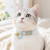 Floral Lace Pet Collar with Bell and Charm (Blue flower design)- Adjustable Polyester Cat Collar for Small Dogs and Cats, Colourful Embroidered Neck Collar, Cute Puppy Kitten Accessory, 18-30cm - Front View