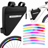 Black Bike Triangle Frame Bag with 20 Pieces Reflective Wheel Stickers Set for Mountain Road Cycling Storage and Visibility Accessories