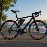 Black Bike Triangle Frame Bag with 20 Pieces Reflective Wheel Stickers Set for Mountain Road Cycling Storage and Visibility Accessories
