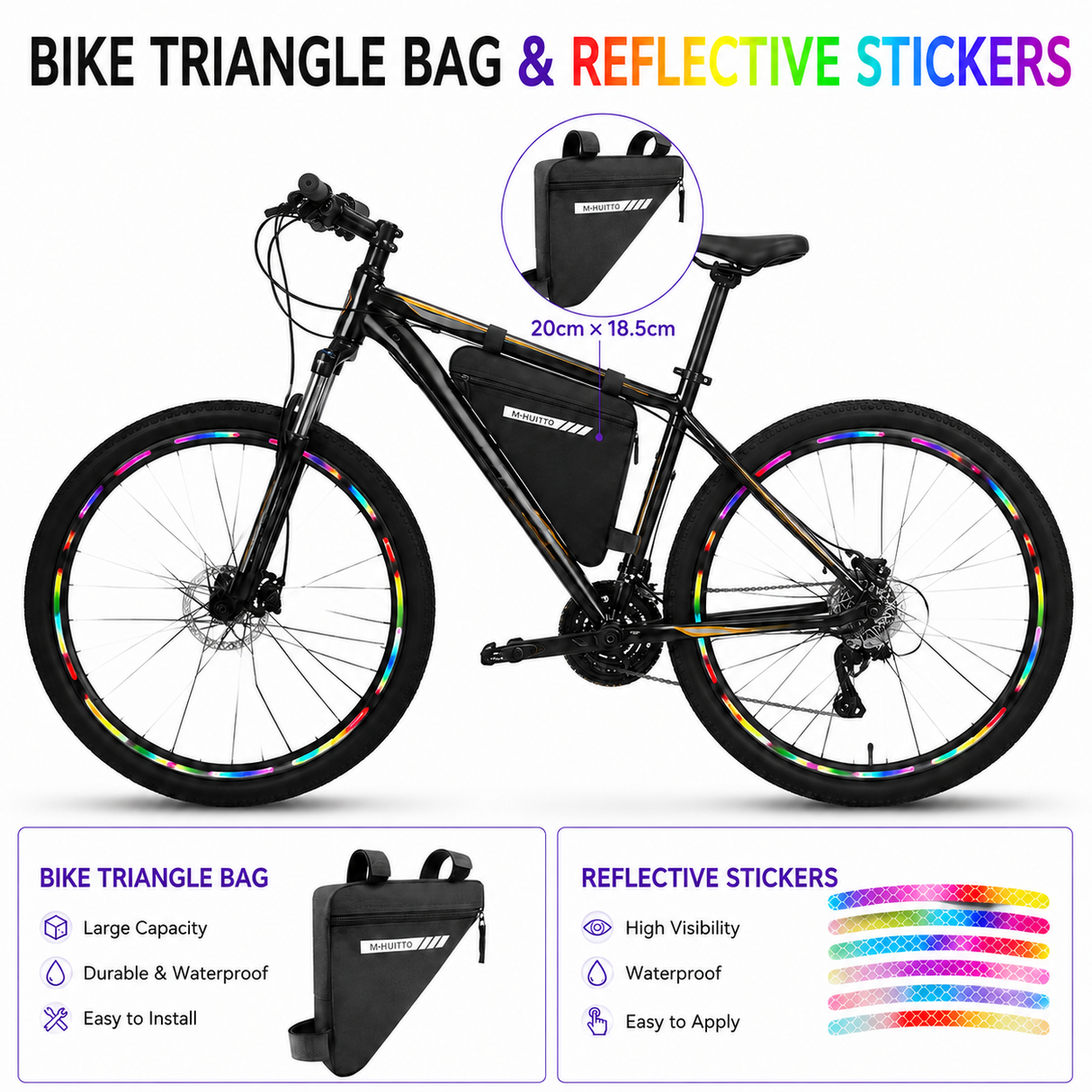 Black Bike Triangle Frame Bag with 20 Pieces Reflective Wheel Stickers Set for Mountain Road Cycling Storage and Visibility Accessories