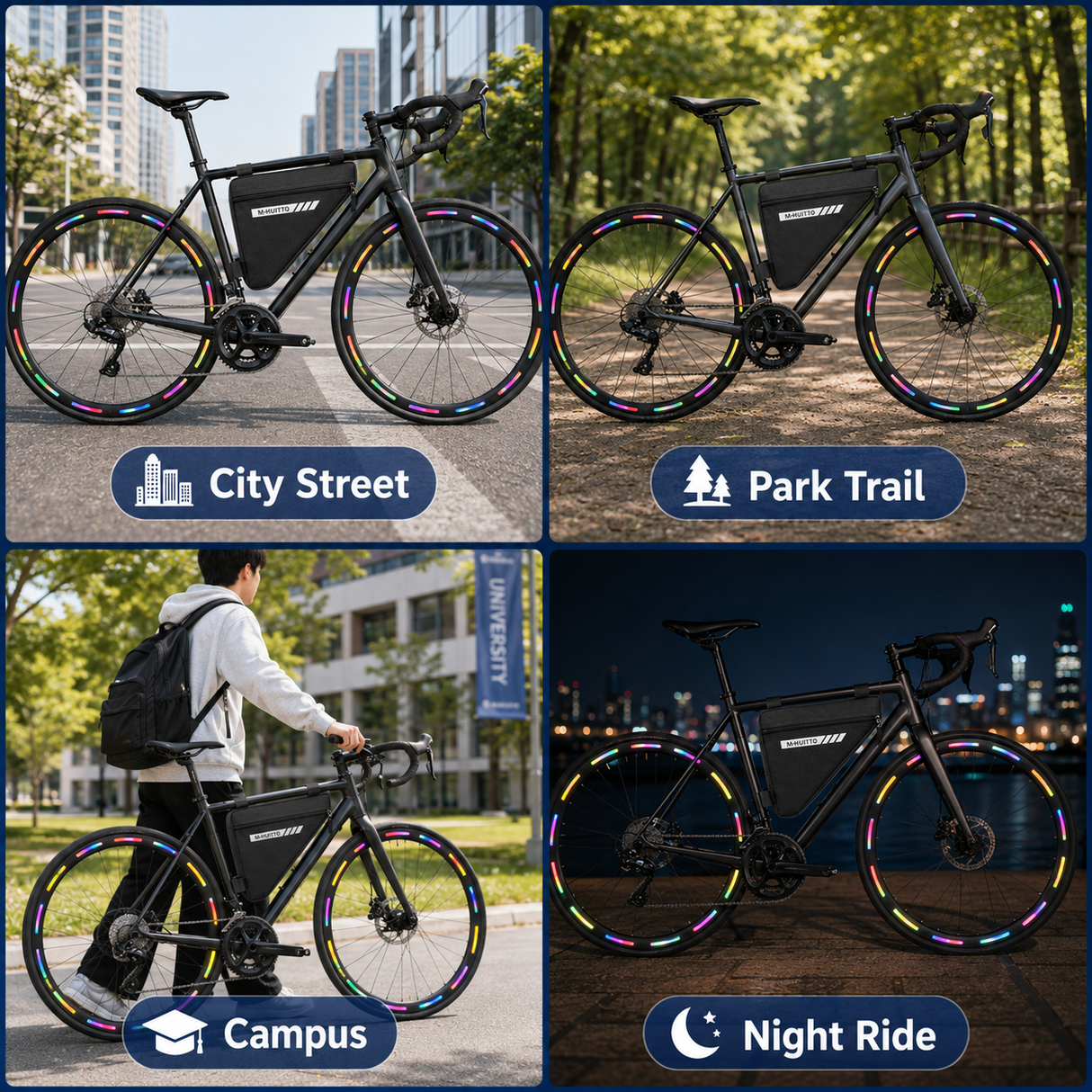 Black Bike Triangle Frame Bag with 20 Pieces Reflective Wheel Stickers Set for Mountain Road Cycling Storage and Visibility Accessories