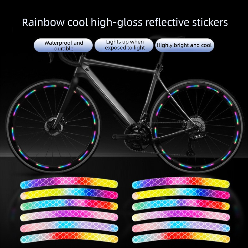 Rainbow Reflective Wheel Stickers - 20 Piece Long Strip Sticker Sheet for Bicycle Bike Rim Decoration, Motorcycle and E-Bike Accessories