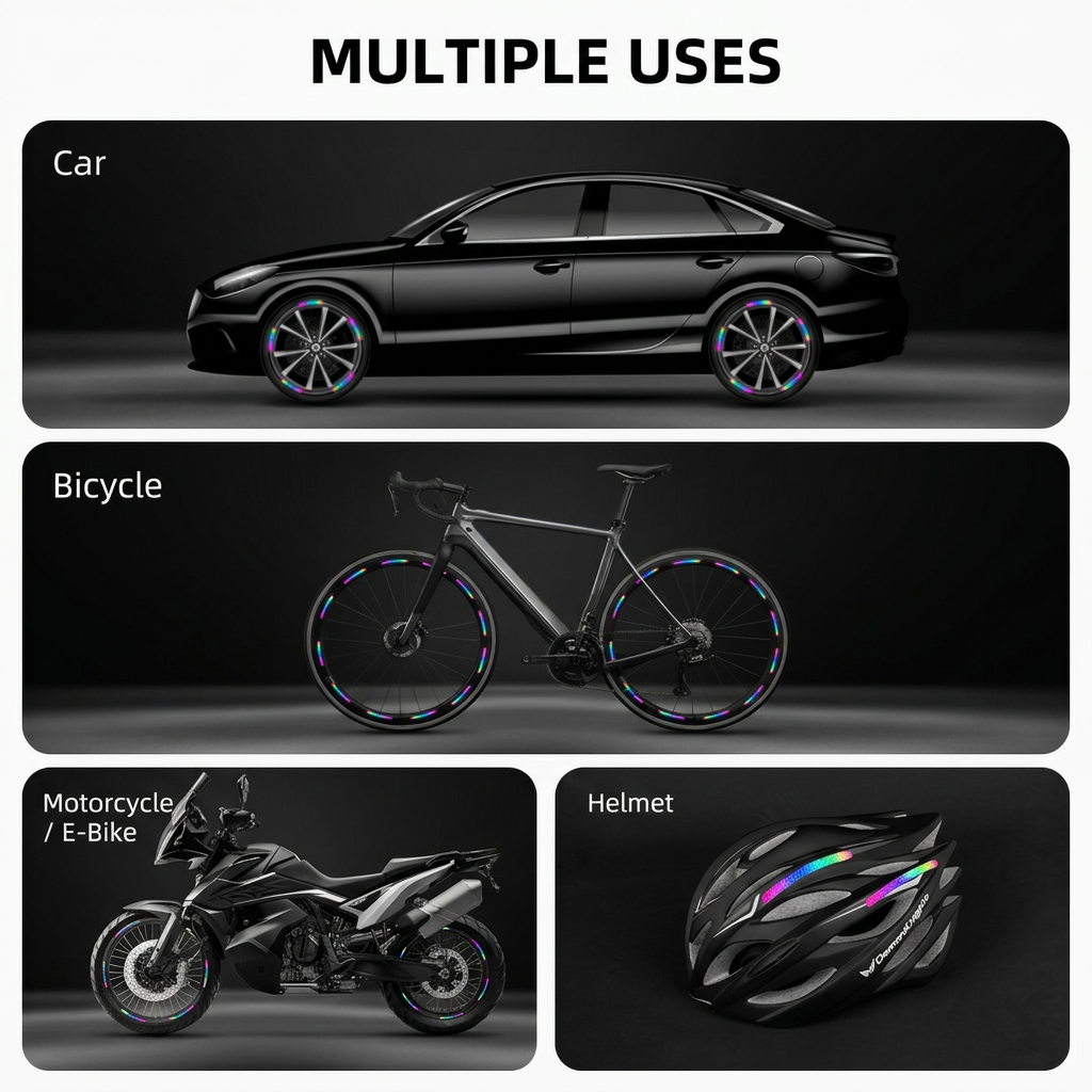 Rainbow Reflective Wheel Stickers - 20 Piece Long Strip Sticker Sheet for Bicycle Bike Rim Decoration, Motorcycle and E-Bike Accessories