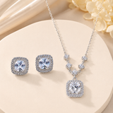 Square Halo Pendant Necklace and Stud Earrings Jewellery Set - 2 Piece Silver-Tone Crystal Look Gift Set - Front View