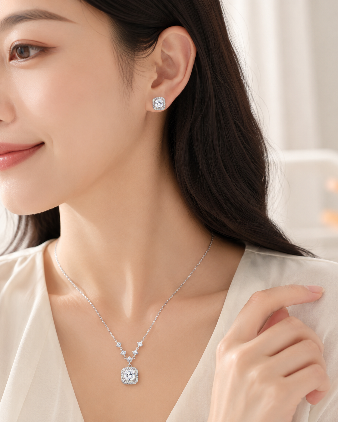 Square Halo Pendant Necklace and Stud Earrings Jewellery Set - 2 Piece Silver-Tone Crystal Look Gift Set