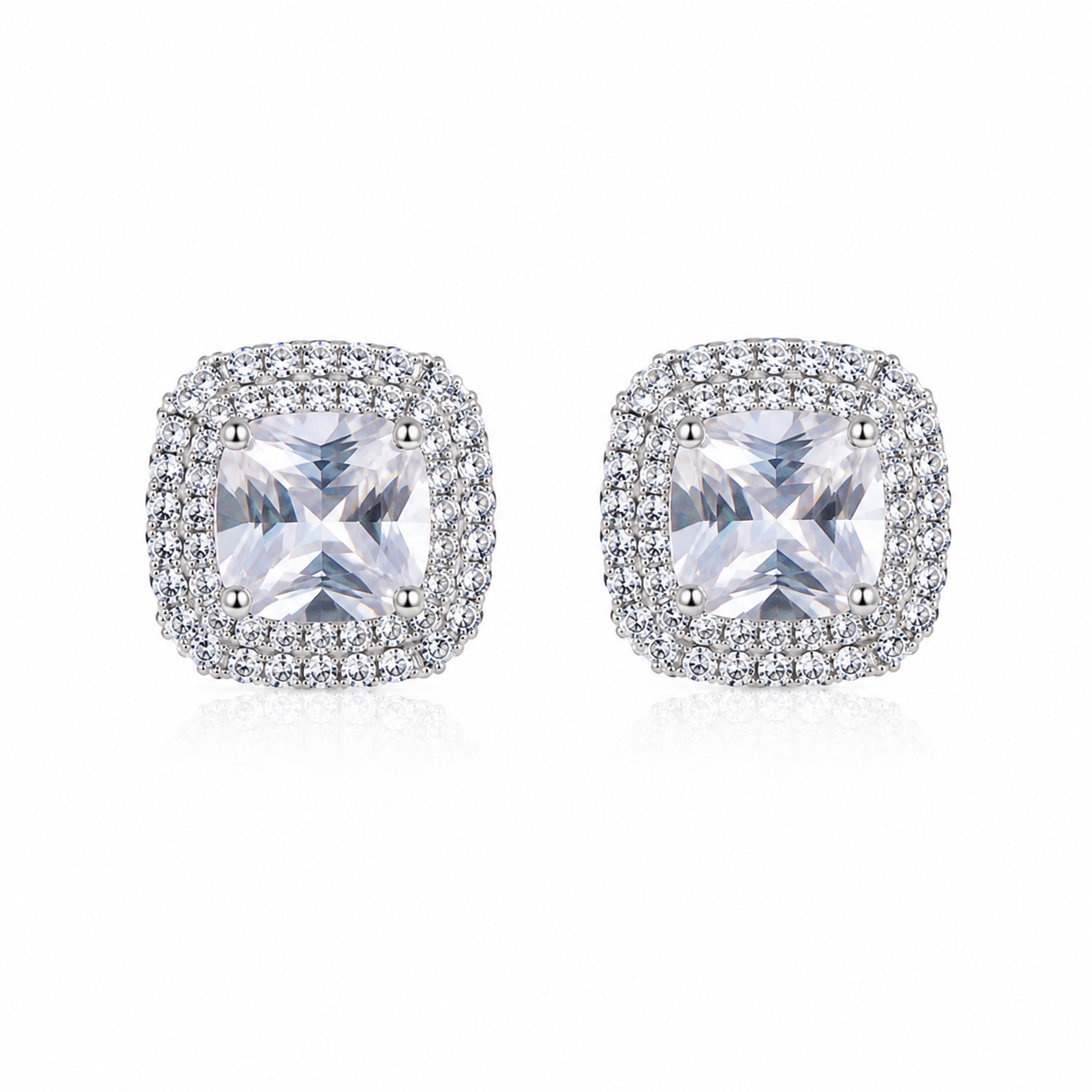 Cushion Cut Stud Earrings - 1.1cm Square Zircon Earrings, Silver-Tone Jewellery Accessory