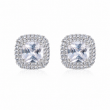 Cushion Cut Stud Earrings - 1.1cm Square Zircon Earrings, Silver-Tone Jewellery Accessory