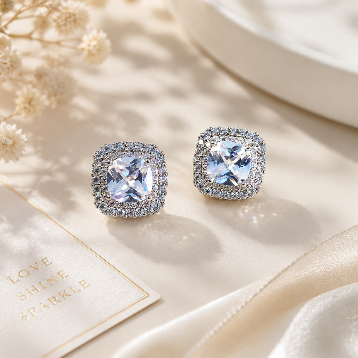 Cushion Cut Stud Earrings - 1.1cm Square Zircon Earrings, Silver-Tone Jewellery Accessory