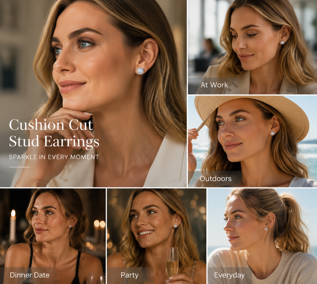 Cushion Cut Stud Earrings - 1.1cm Square Zircon Earrings, Silver-Tone Jewellery Accessory