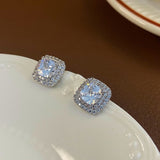 Cushion Cut Stud Earrings - 1.1cm Square Zircon Earrings, Silver-Tone Jewellery Accessory - Top-Down View