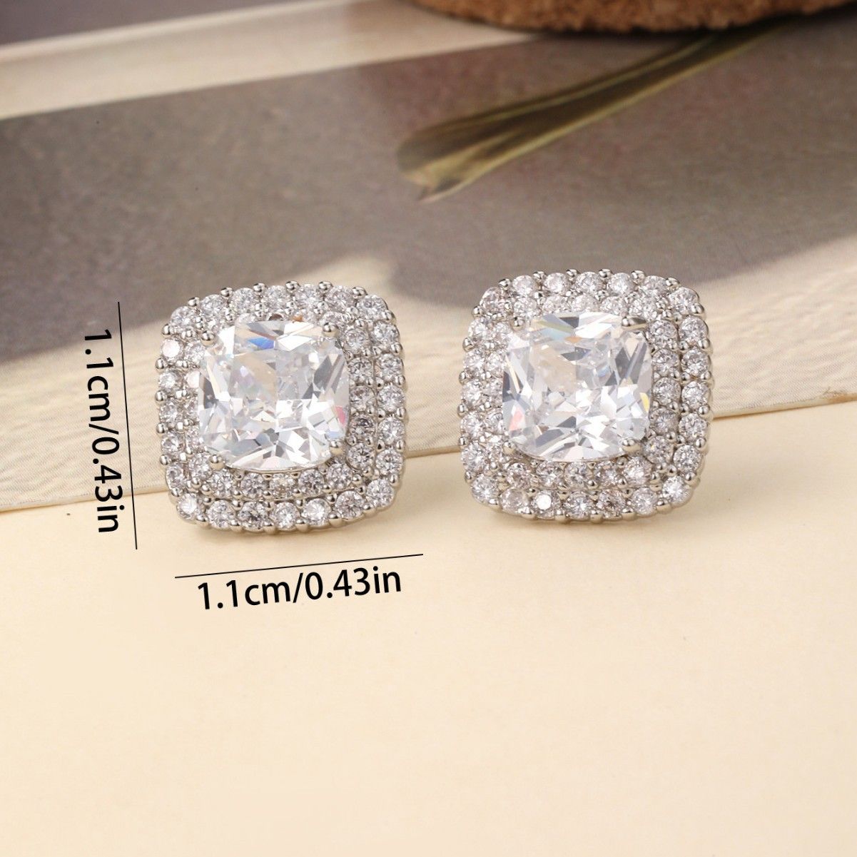 Cushion Cut Stud Earrings - 1.1cm Square Zircon Earrings, Silver-Tone Jewellery Accessory