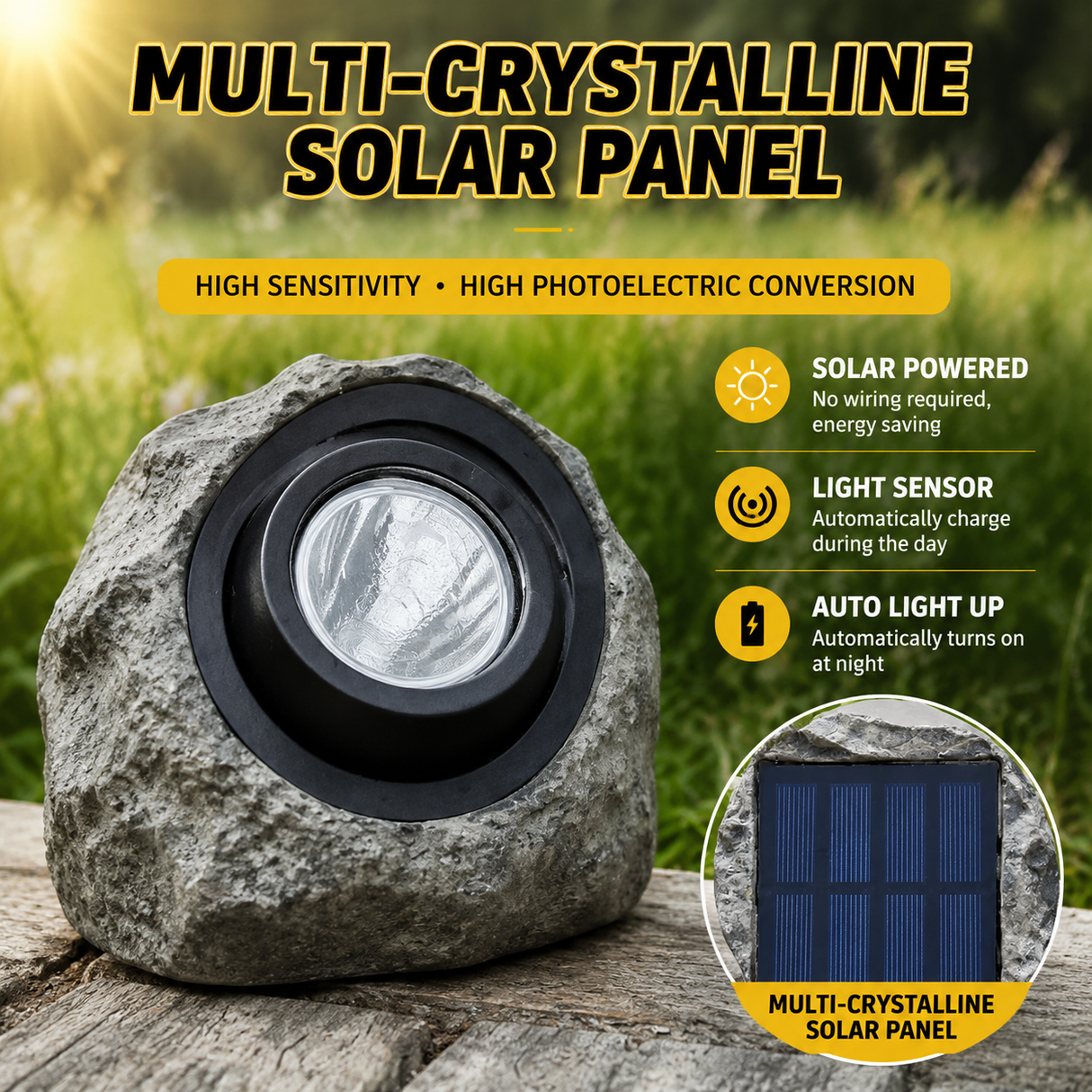 Solar Rock Garden Light - Outdoor LED Landscape Light with Solar Panel, Waterproof Stone Effect Lamp